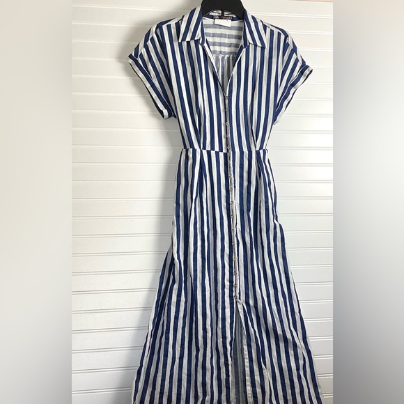 Zara Midi Stripe Dress Linen Shirt Tunic Midi With Belt BlueWhite Size Small - Picture 2 of 12